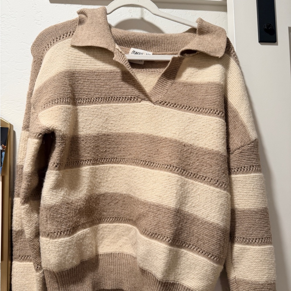 Princess Polly V-Neck Striped Sweater in Brown and Cream